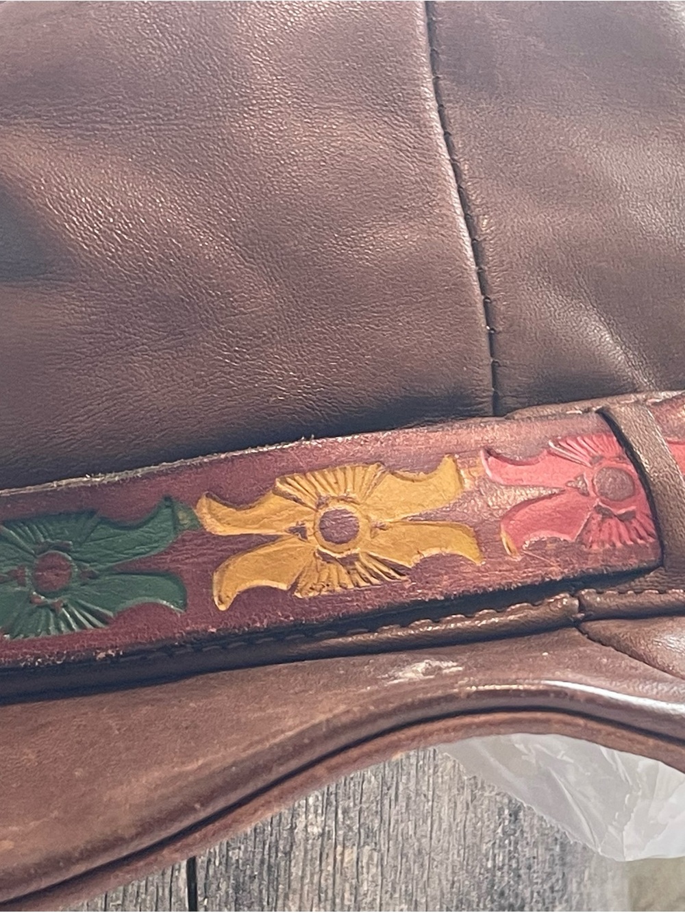 Vintage 70’s Brown Leather Hat with Multicolor Floral Trim - Picture 6 of 13